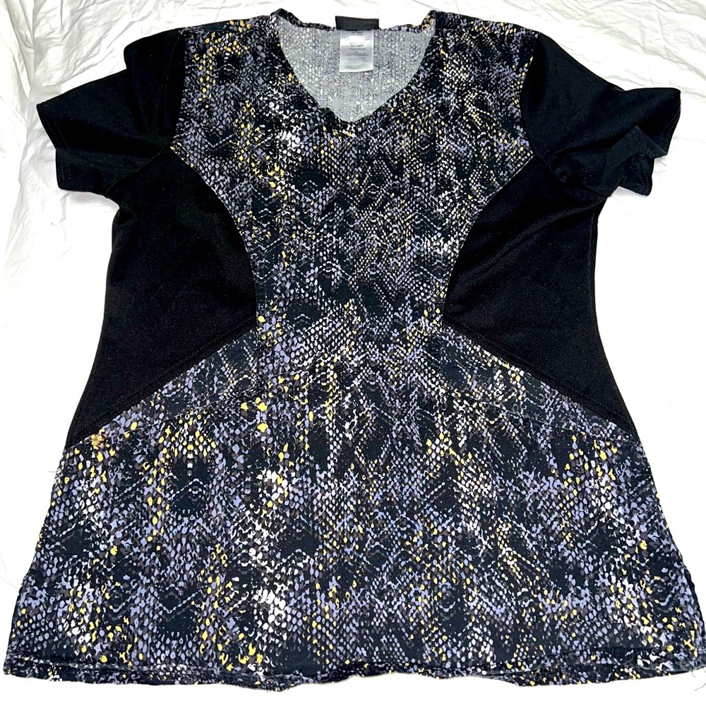CAREISMA  Black/white/yellow snake-skin print, slimming scrub top